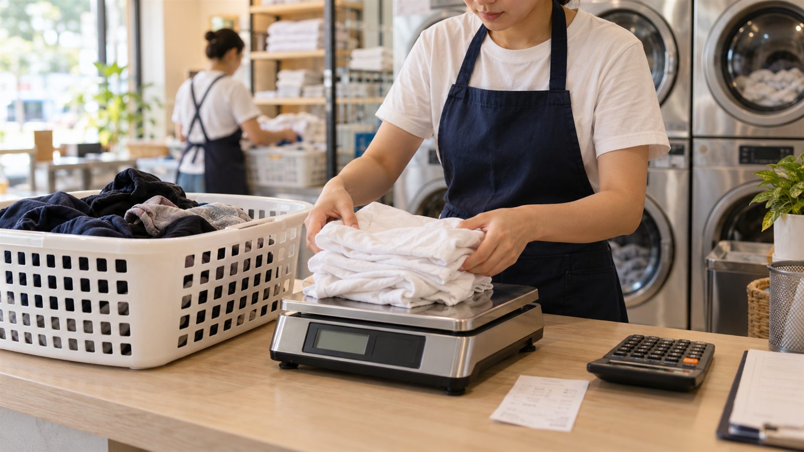 Nhân viên cân riêng phần đồ trắng cạnh giỏ đồ màu của cùng khách