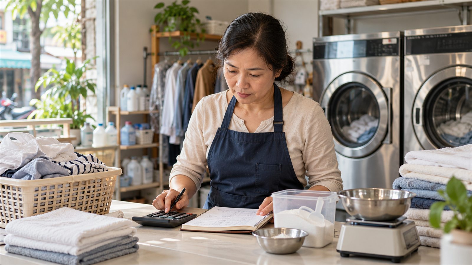 Chủ tiệm đối chiếu sổ chi phí, máy tính và vật tư của một mẻ giặt