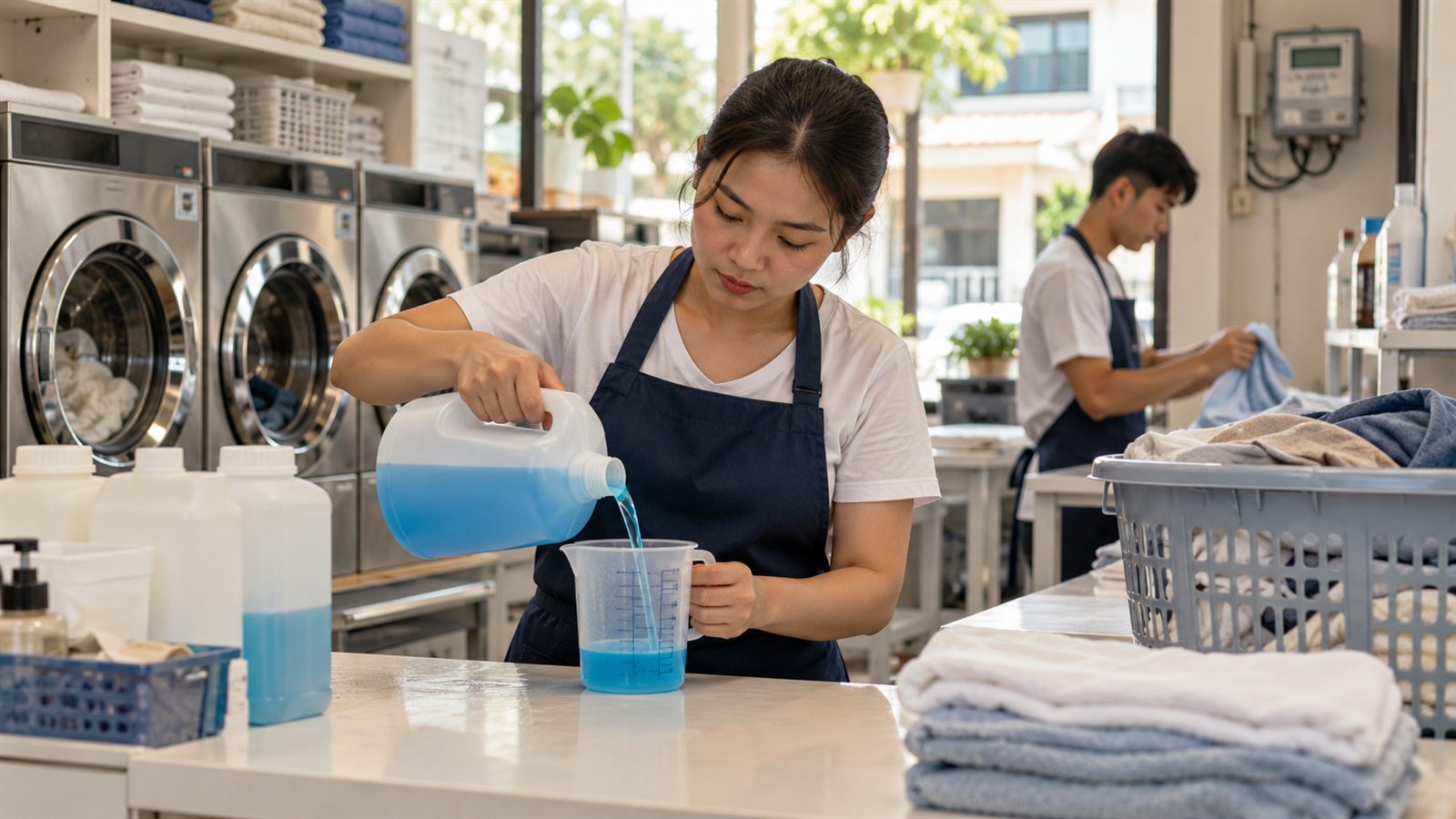 Nhân viên đo lượng nước giặt bên cạnh vật tư và thiết bị giặt sấy