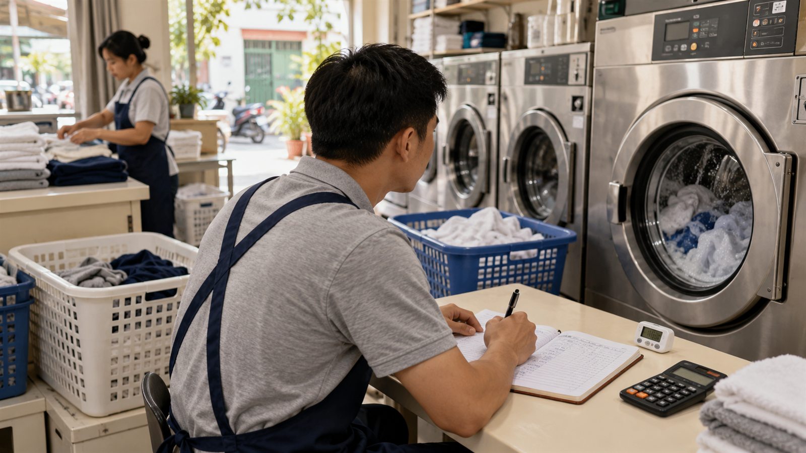 Nhân viên ghi nhật ký lượt chạy máy và lượng đồ đã xử lý