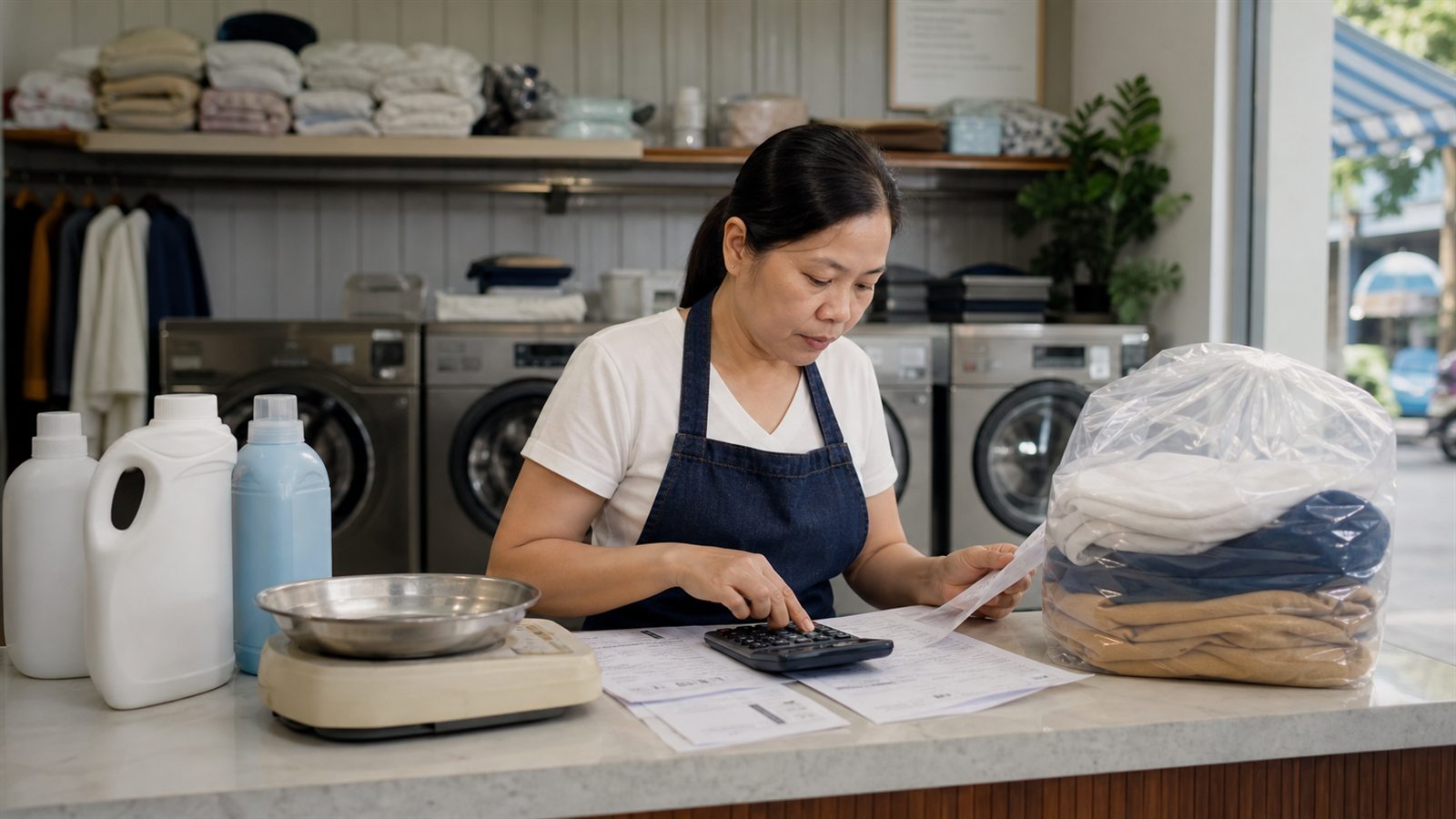 Chủ tiệm tính giá giặt sấy từ chi phí điện nước và hóa chất