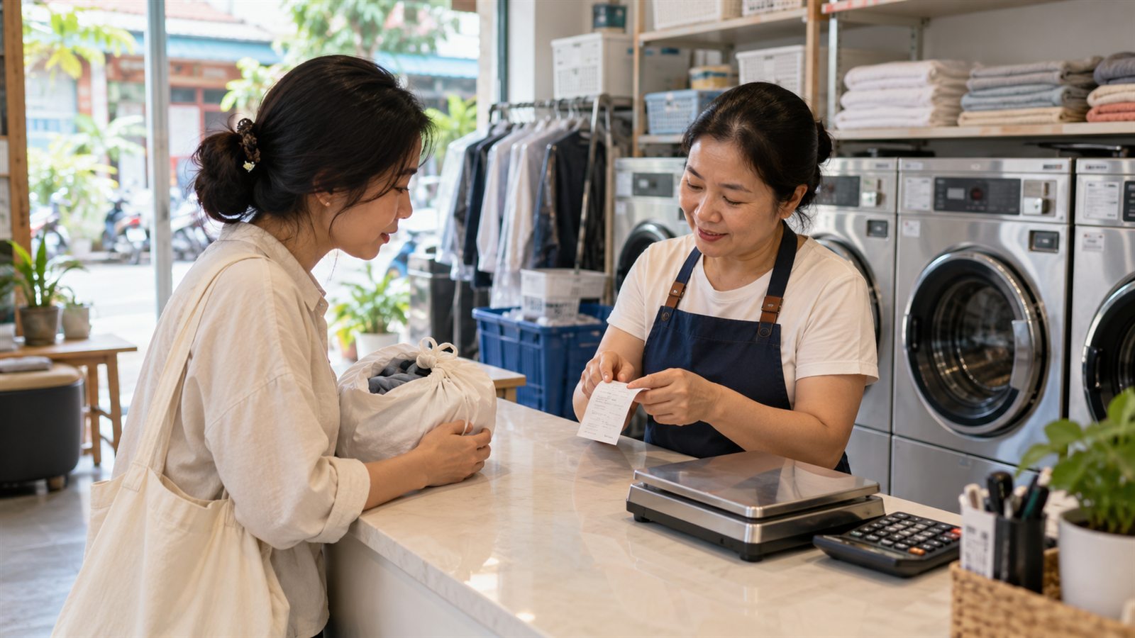 Chủ tiệm trao đổi với khách gửi một túi đồ nhỏ về mức tiền dịch vụ