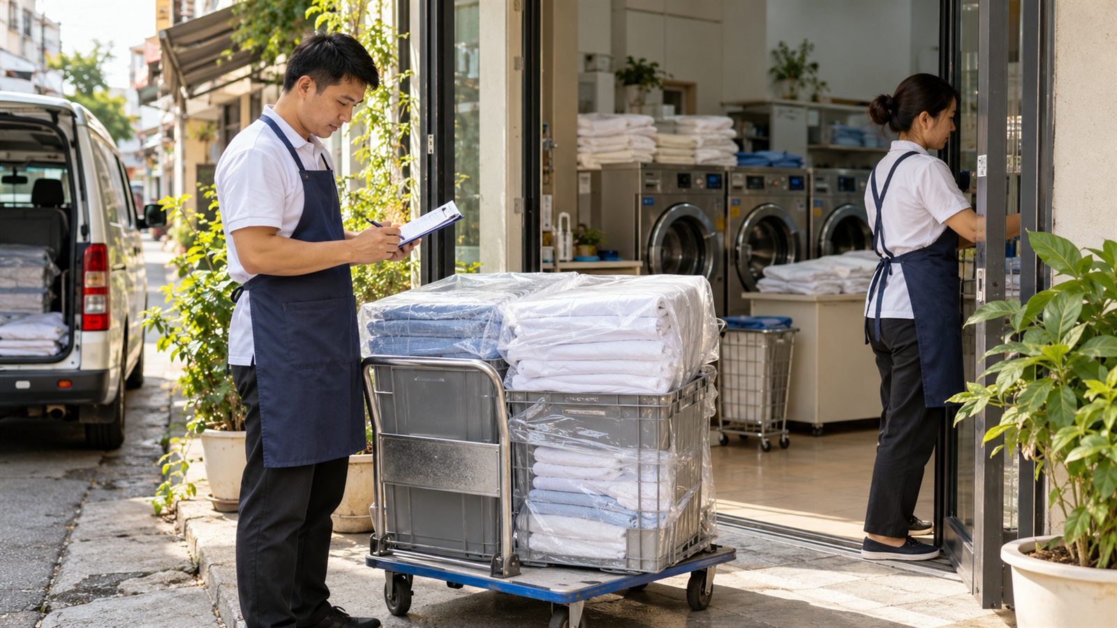 Nhân viên kiểm tra đồ vải và lịch bàn giao trước khi vận chuyển
