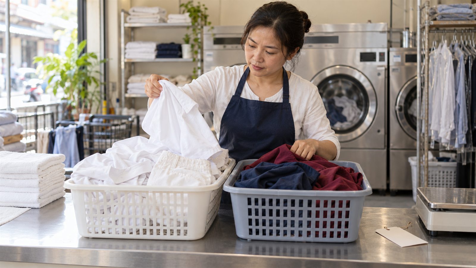 Nhân viên phân loại đồ trắng và đồ màu thành hai nhóm trong cùng một đơn