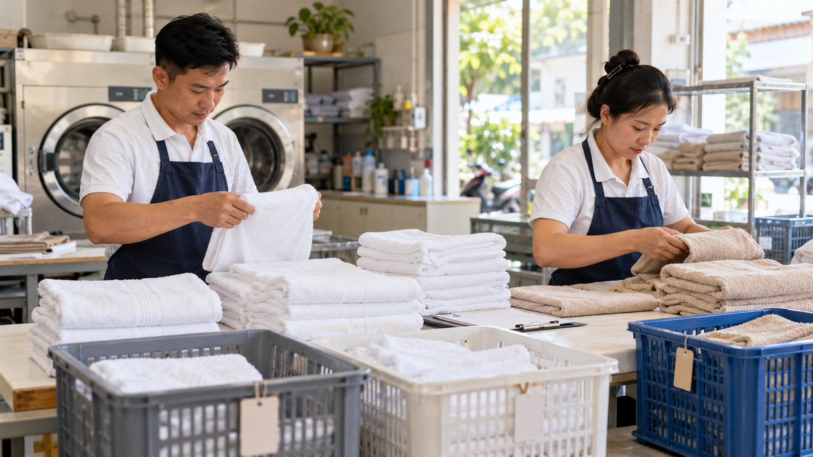 Nhân viên kiểm đếm và phân loại khăn của khách sỉ trên bàn gấp