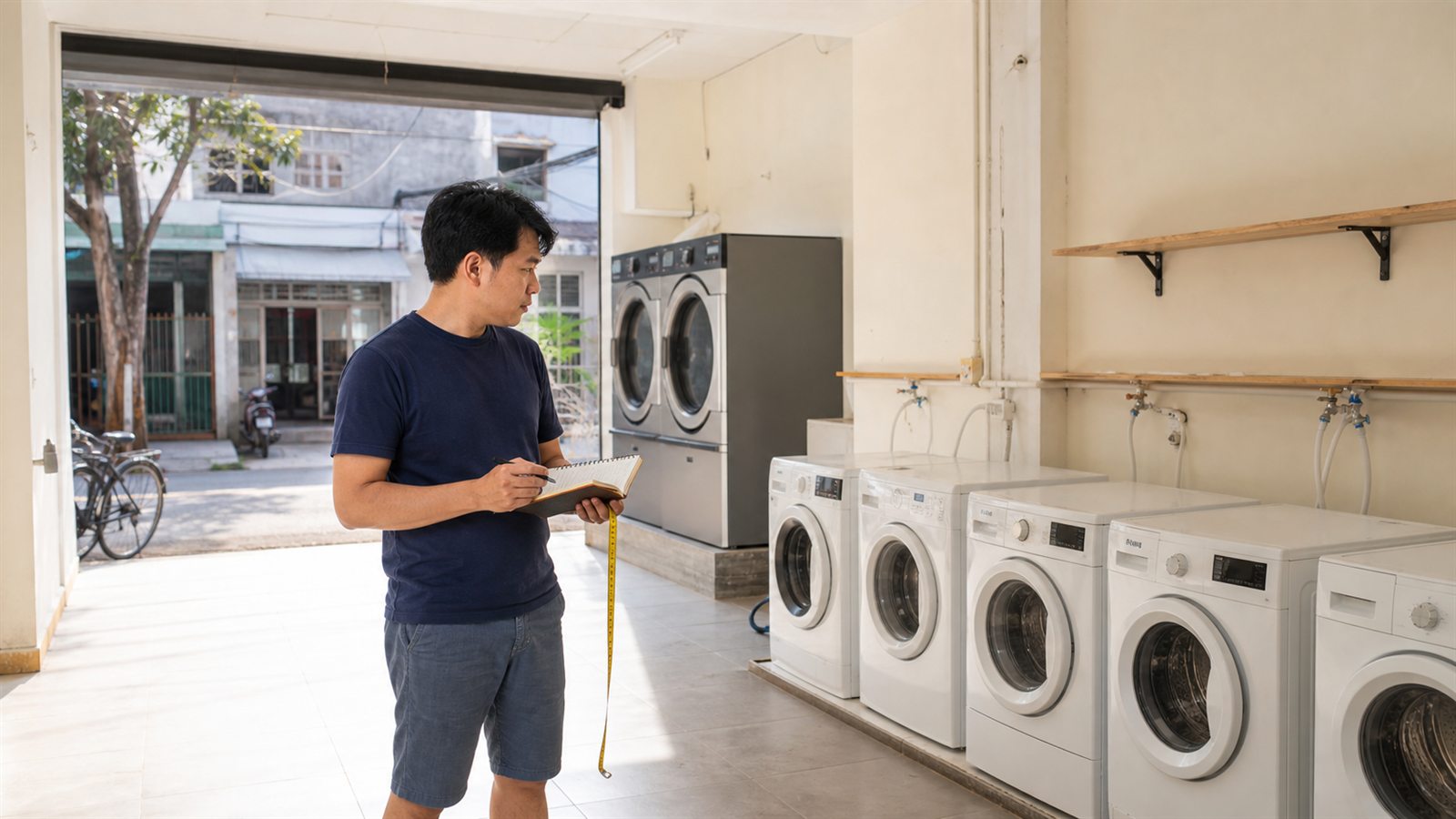 Chủ tiệm dự toán máy móc và mặt bằng trước khi mở tiệm giặt