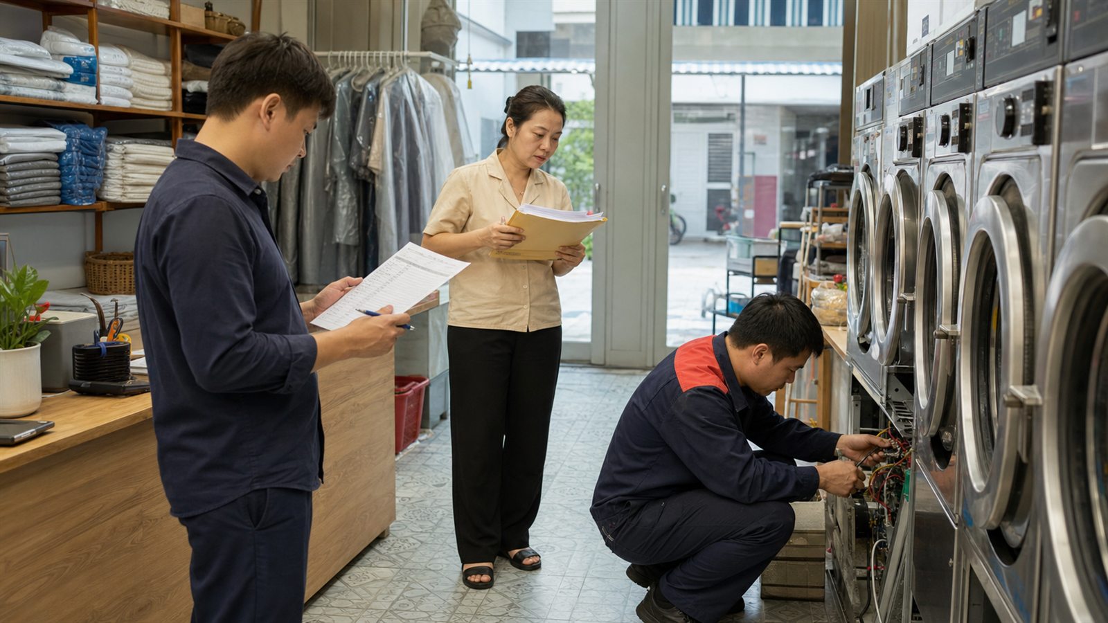 Người mua cùng kỹ thuật viên kiểm tra máy trước khi nhận sang nhượng tiệm giặt